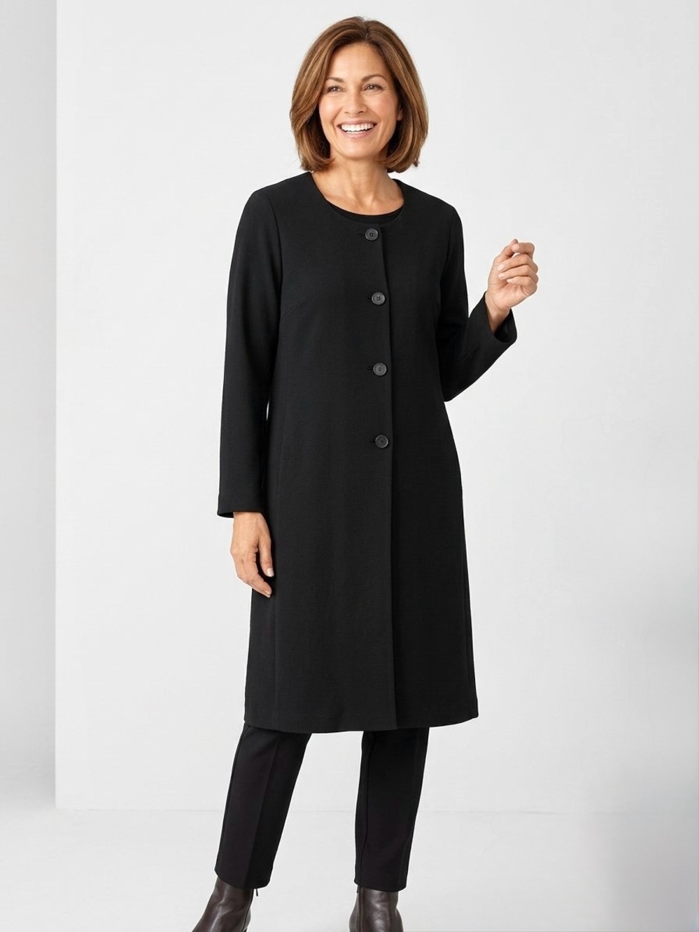 Eileen Fisher Collarless Button-Down Long Duster Cardigan Jacket, Black, Size S